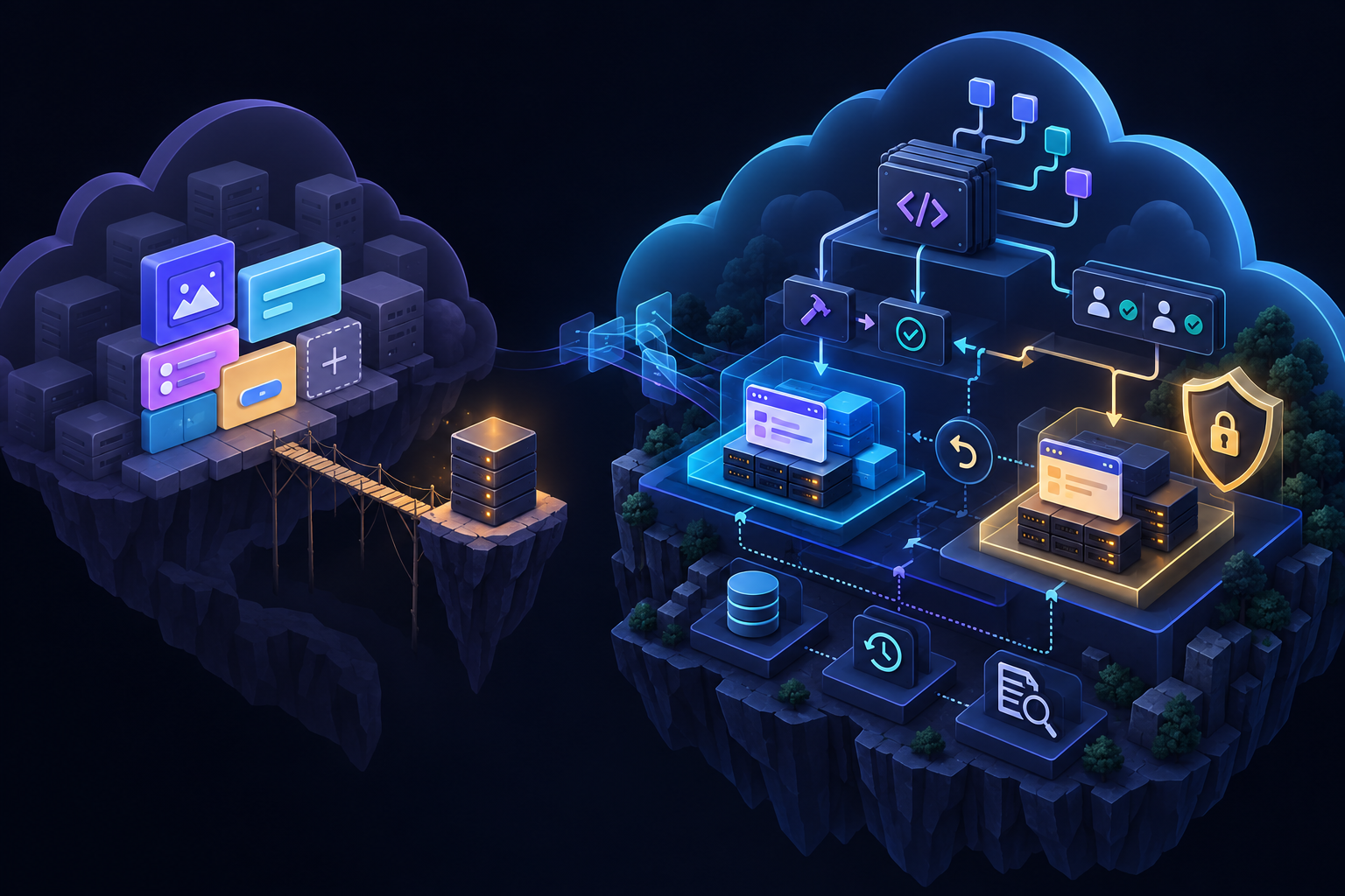 A rented prototype platform contrasted with an engineer-built production system in a customer-owned cloud, with separate development and production environments, reviewed access, rollback, and backups.